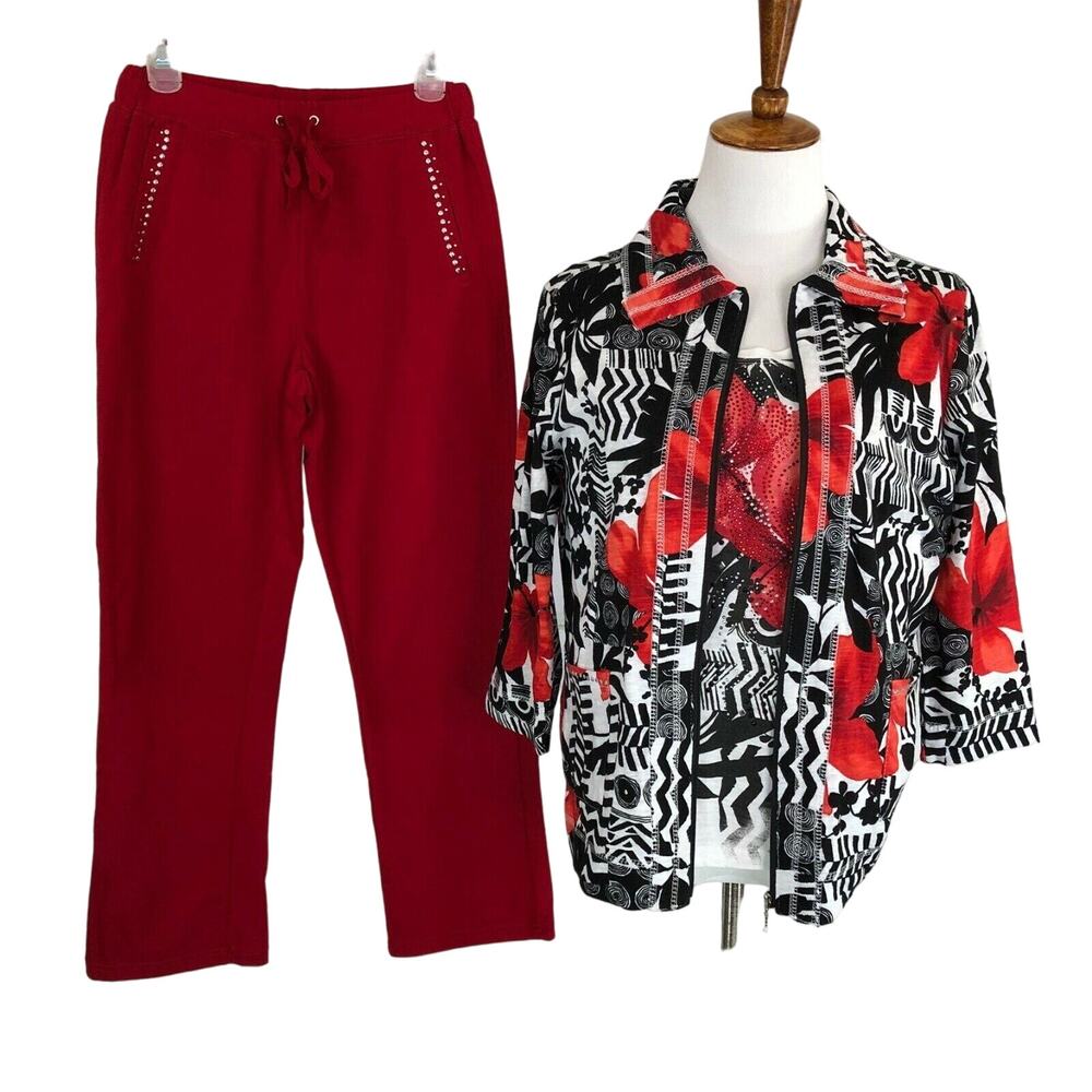 Sport Couture Casual Tracksuit Bling 3 PC Loose Fit Small Full Zip Floral Motif